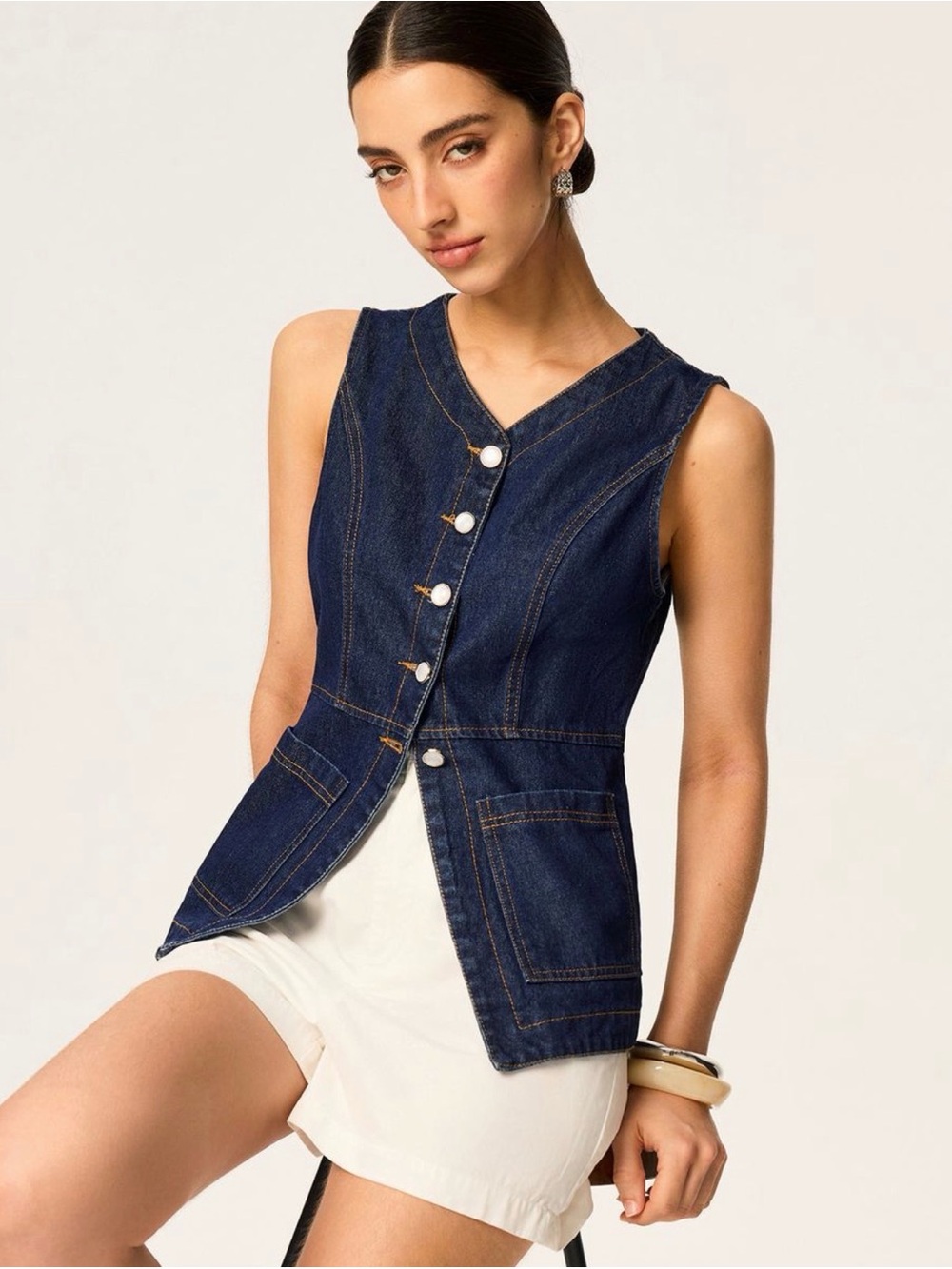 Commense Denim Slim Button Vest - Tailored Sleeveless